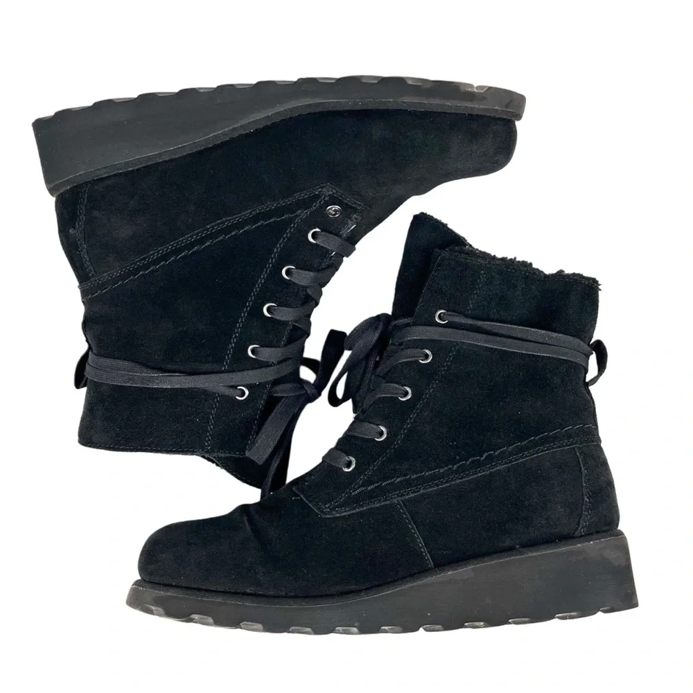 BearPaw Womens Black Suede Lace Up Boots Size 9
